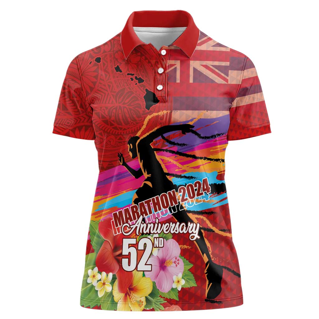 Honolulu Anniversary 52nd Running Women Polo Shirt Marathon Competition Kakau Pattern Red Color