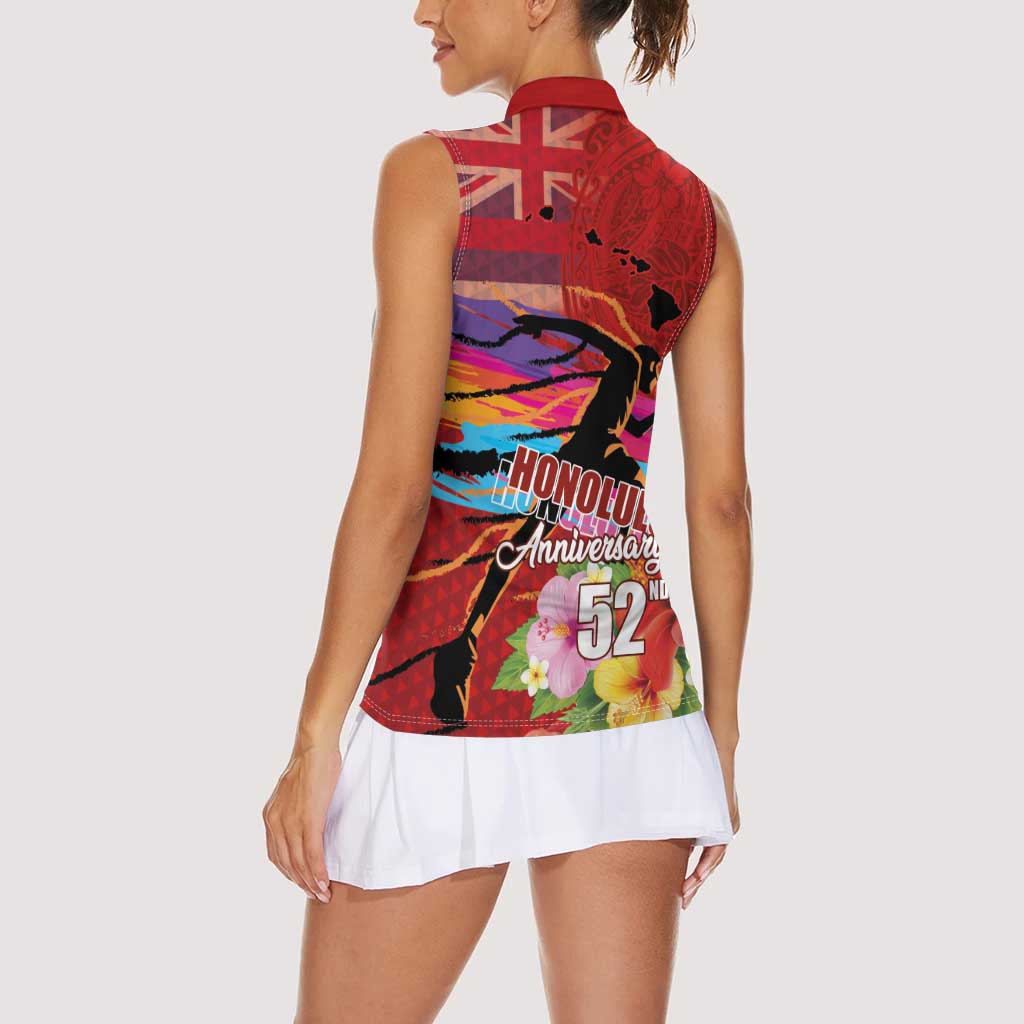 Honolulu Anniversary 52nd Running Women Sleeveless Polo Shirt Marathon Competition Kakau Pattern Red Color