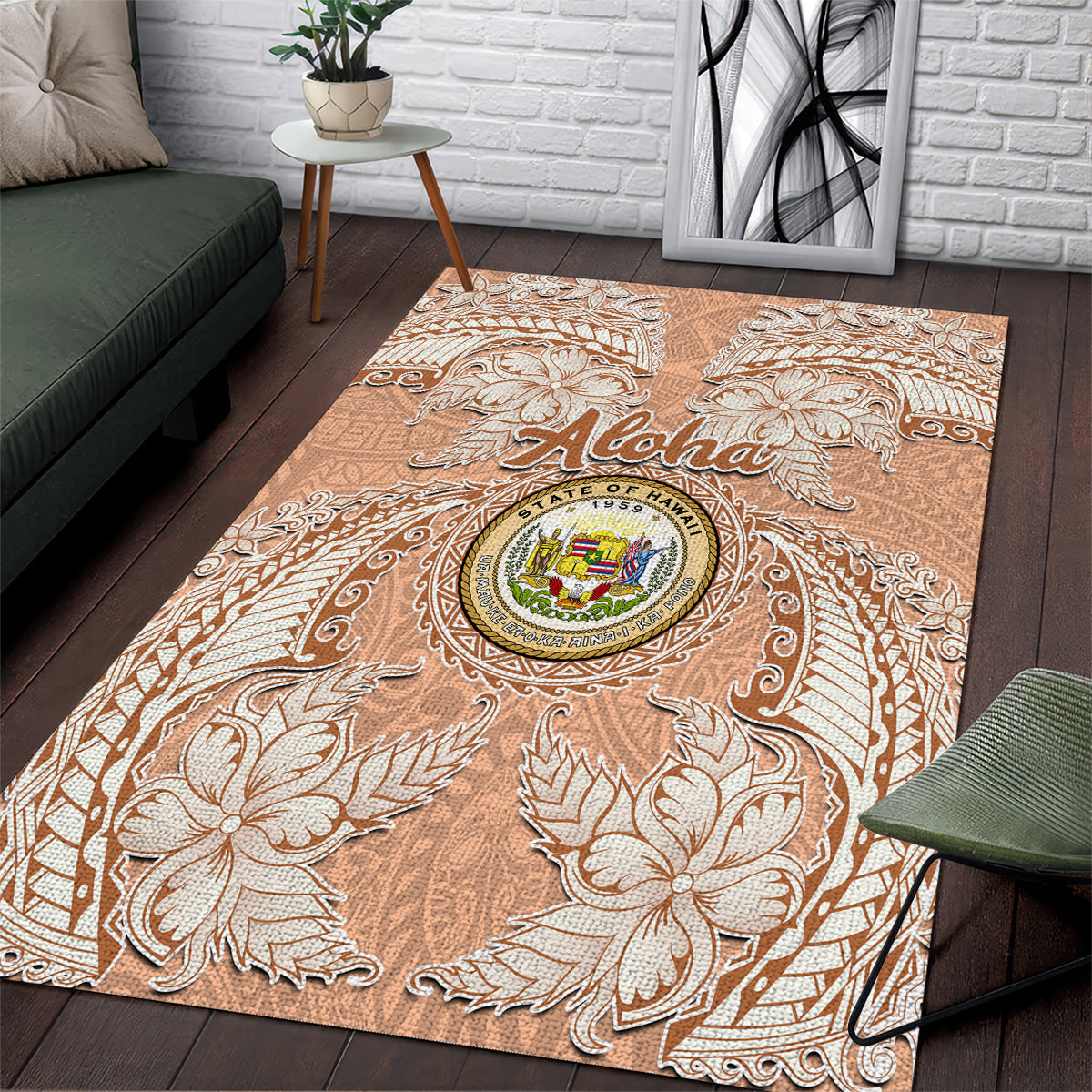 Hawaii Tropical Flowers with Kakau Tribal Area Rug Peach Fuzz Color LT03 Peach Fuzz - Polynesian Pride