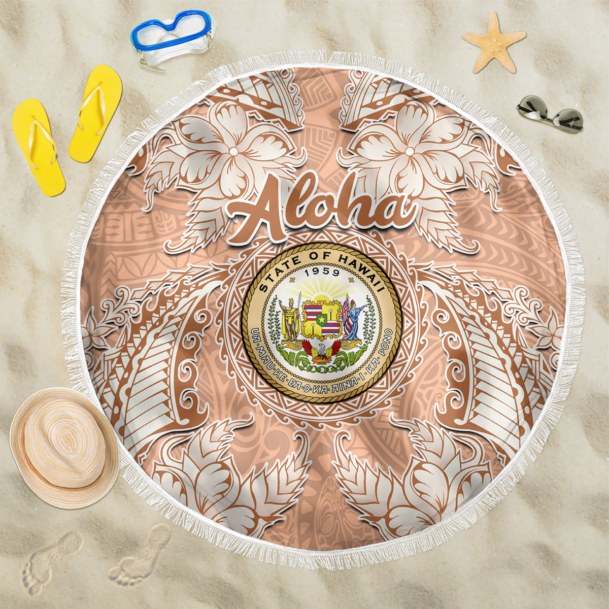 Hawaii Tropical Flowers with Kakau Tribal Beach Blanket Peach Fuzz Color LT03 One Size 150cm Peach Fuzz - Polynesian Pride