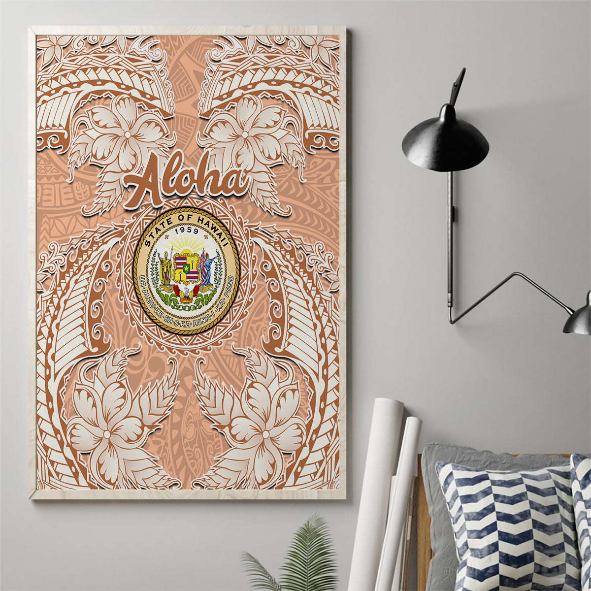 Hawaii Tropical Flowers with Kakau Tribal Canvas Wall Art Peach Fuzz Color LT03 - Polynesian Pride