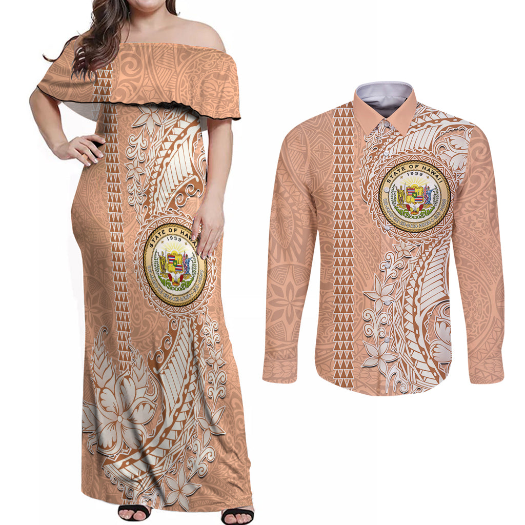 Hawaii Tropical Flowers with Kakau Tribal Couples Matching Off Shoulder Maxi Dress and Long Sleeve Button Shirt Peach Fuzz Color LT03 Peach Fuzz - Polynesian Pride