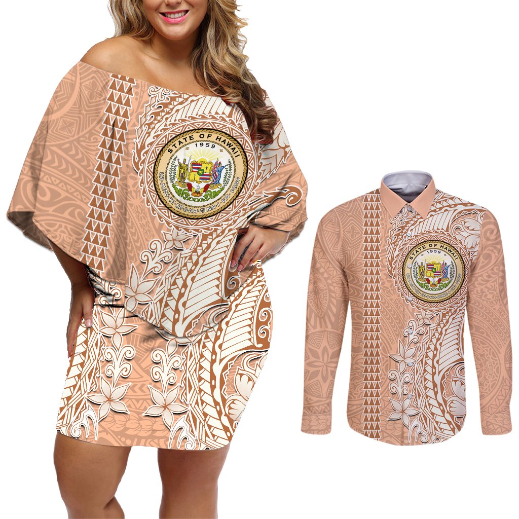 Hawaii Tropical Flowers with Kakau Tribal Couples Matching Off Shoulder Short Dress and Long Sleeve Button Shirt Peach Fuzz Color LT03 Peach Fuzz - Polynesian Pride
