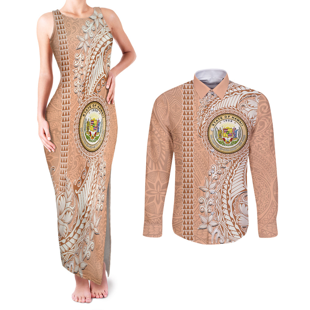 Hawaii Tropical Flowers with Kakau Tribal Couples Matching Tank Maxi Dress and Long Sleeve Button Shirt Peach Fuzz Color LT03 Peach Fuzz - Polynesian Pride