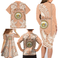 Hawaii Tropical Flowers with Kakau Tribal Family Matching Long Sleeve Bodycon Dress and Hawaiian Shirt Peach Fuzz Color LT03 - Polynesian Pride