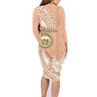 Hawaii Tropical Flowers with Kakau Tribal Family Matching Long Sleeve Bodycon Dress and Hawaiian Shirt Peach Fuzz Color LT03 - Polynesian Pride