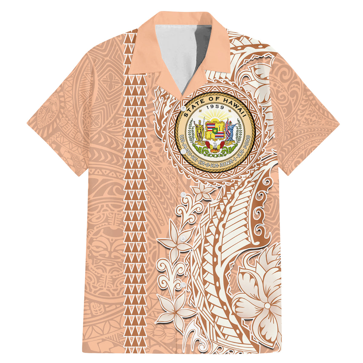 Hawaii Tropical Flowers with Kakau Tribal Family Matching Mermaid Dress and Hawaiian Shirt Peach Fuzz Color LT03 Dad's Shirt - Short Sleeve Peach Fuzz - Polynesian Pride