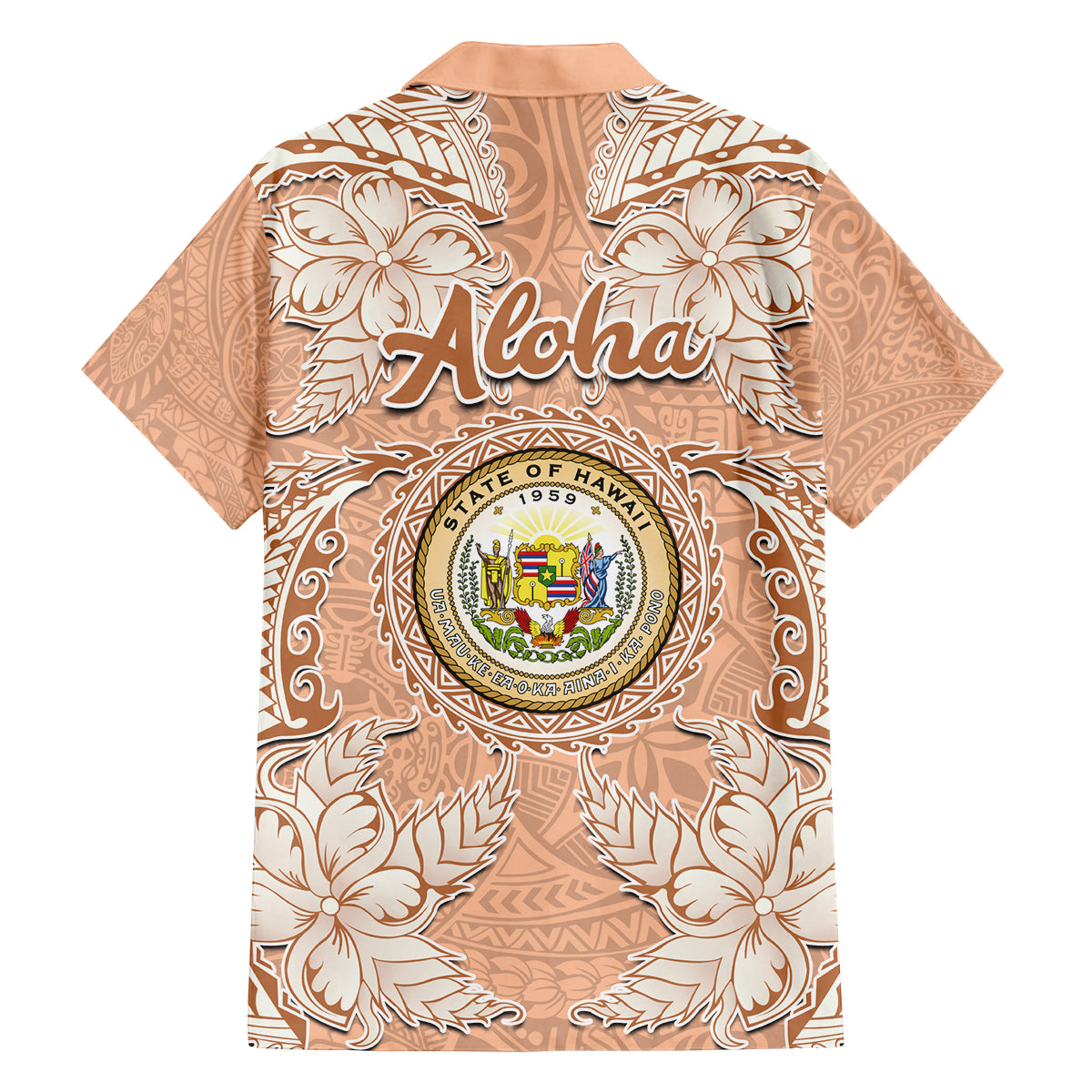 Hawaii Tropical Flowers with Kakau Tribal Family Matching Off Shoulder Long Sleeve Dress and Hawaiian Shirt Peach Fuzz Color LT03 - Polynesian Pride