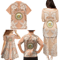 Hawaii Tropical Flowers with Kakau Tribal Family Matching Puletasi Dress and Hawaiian Shirt Peach Fuzz Color LT03 - Polynesian Pride