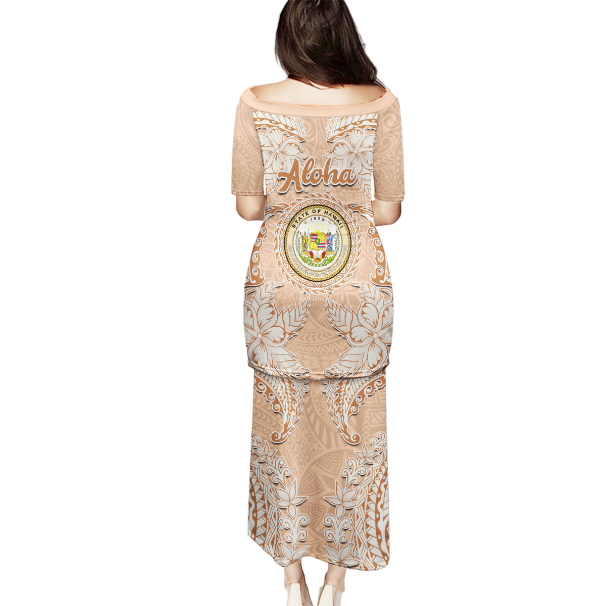 Hawaii Tropical Flowers with Kakau Tribal Family Matching Puletasi Dress and Hawaiian Shirt Peach Fuzz Color LT03 - Polynesian Pride