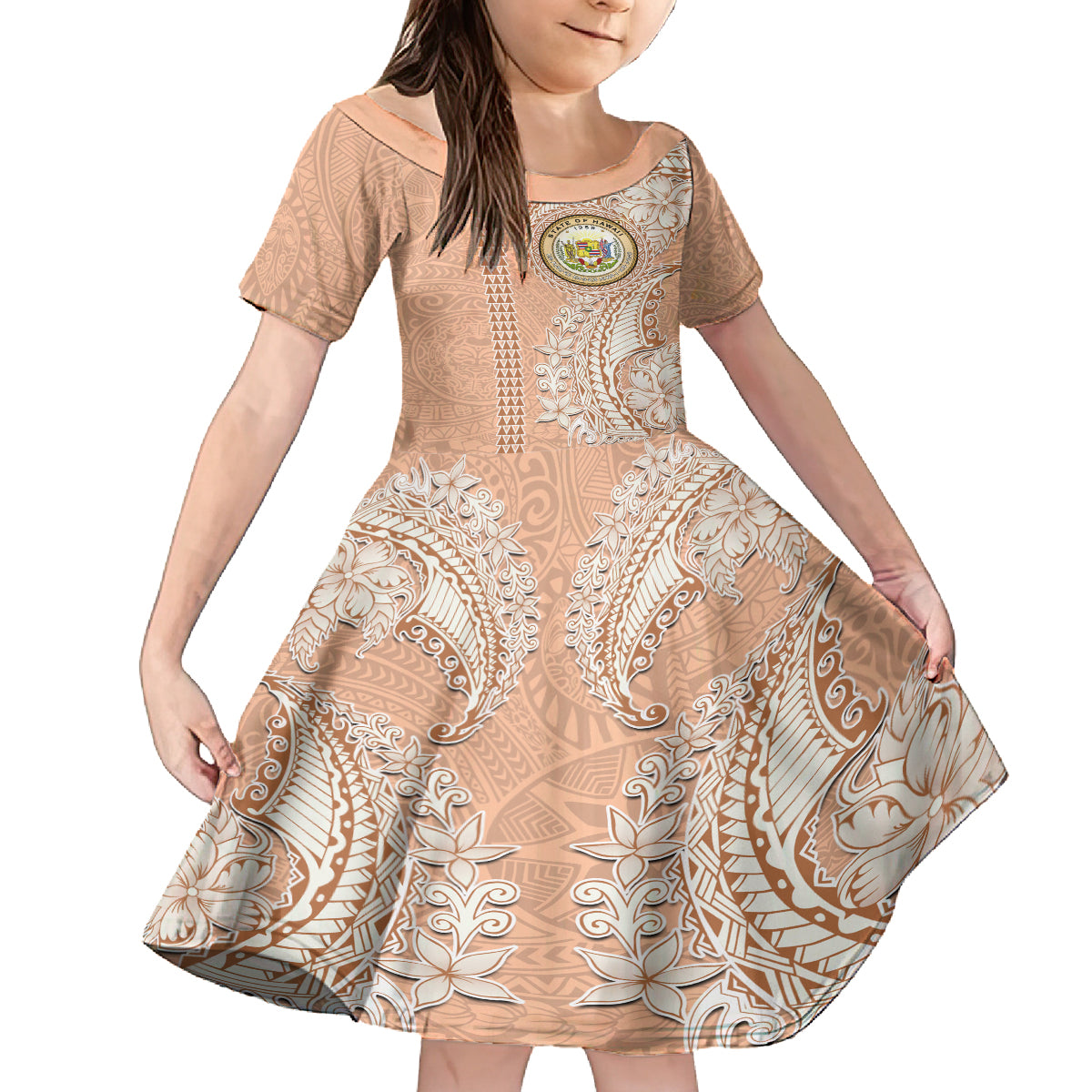 Hawaii Tropical Flowers with Kakau Tribal Family Matching Summer Maxi Dress and Hawaiian Shirt Peach Fuzz Color LT03 Daughter's Dress Peach Fuzz - Polynesian Pride