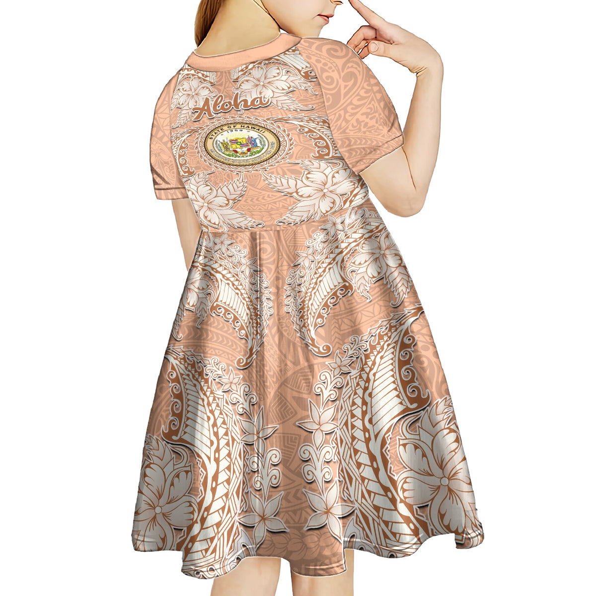 Hawaii Tropical Flowers with Kakau Tribal Kid Short Sleeve Dress Peach Fuzz Color LT03 - Polynesian Pride