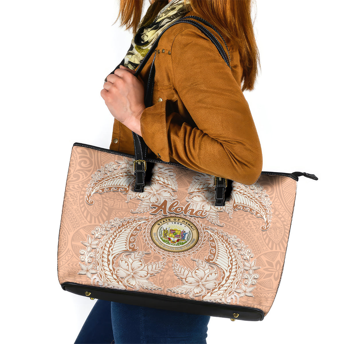 Hawaii Tropical Flowers with Kakau Tribal Leather Tote Bag Peach Fuzz Color LT03 Peach Fuzz - Polynesian Pride