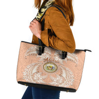 Hawaii Tropical Flowers with Kakau Tribal Leather Tote Bag Peach Fuzz Color LT03 Peach Fuzz - Polynesian Pride