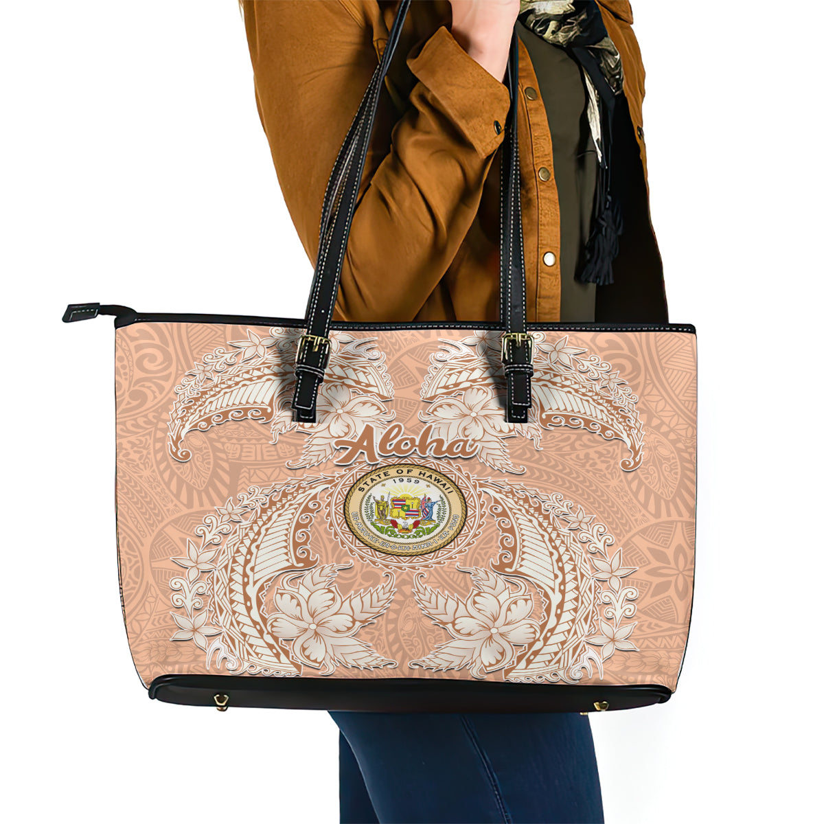 Hawaii Tropical Flowers with Kakau Tribal Leather Tote Bag Peach Fuzz Color LT03 - Polynesian Pride