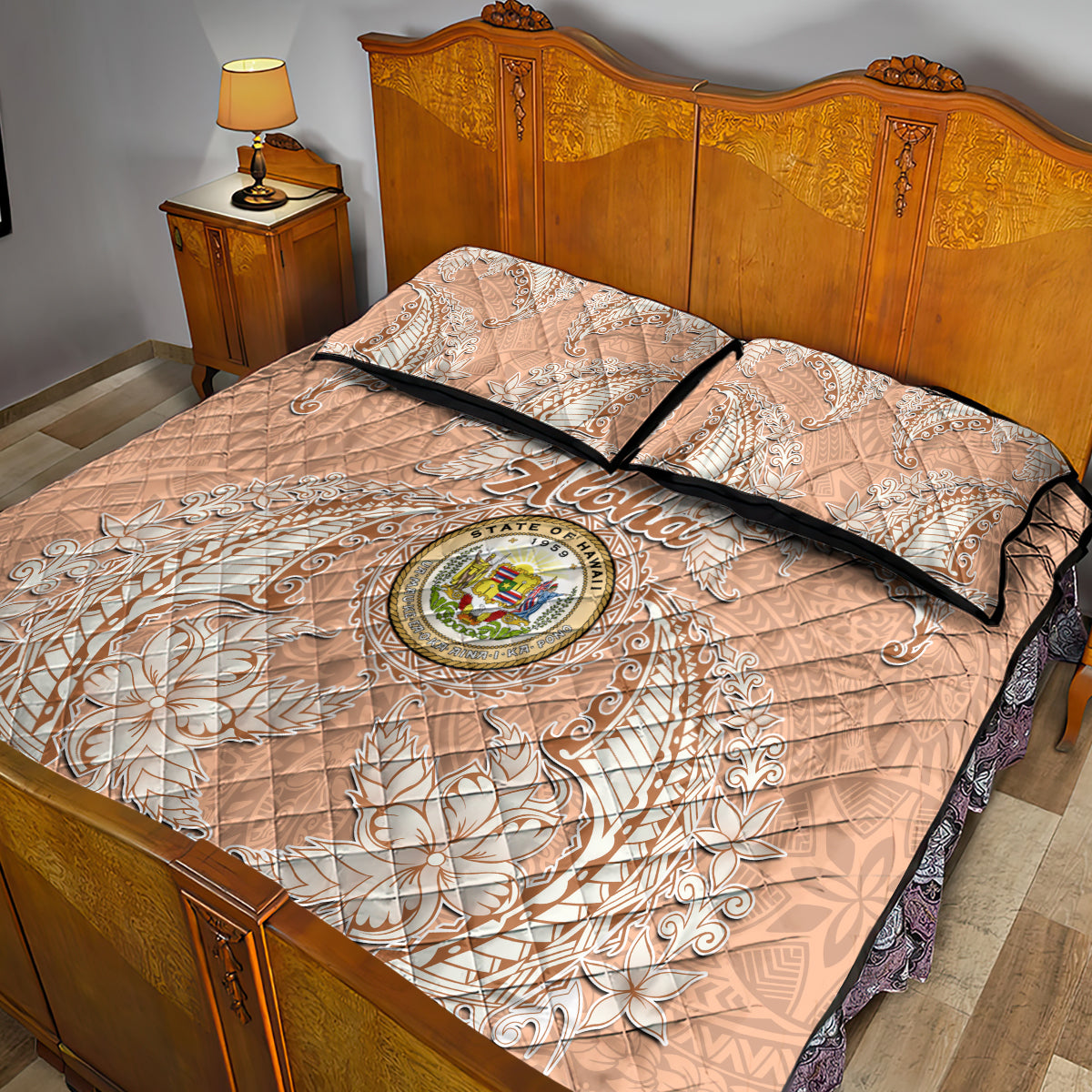 Hawaii Tropical Flowers with Kakau Tribal Quilt Bed Set Peach Fuzz Color LT03 - Polynesian Pride