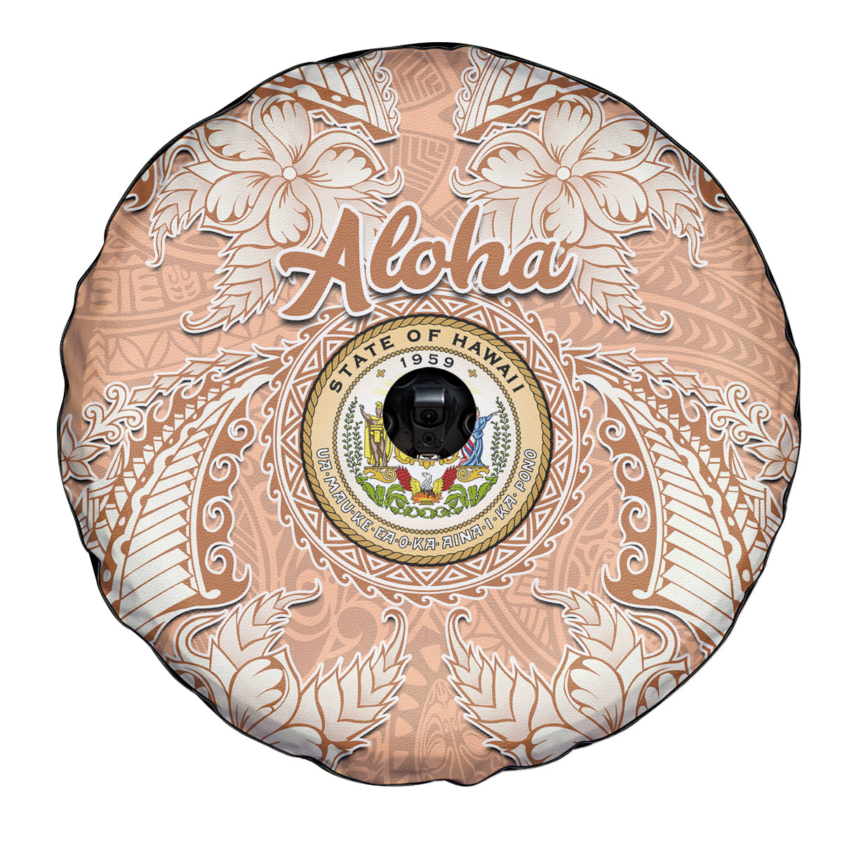 Hawaii Tropical Flowers with Kakau Tribal Spare Tire Cover Peach Fuzz Color LT03 - Polynesian Pride