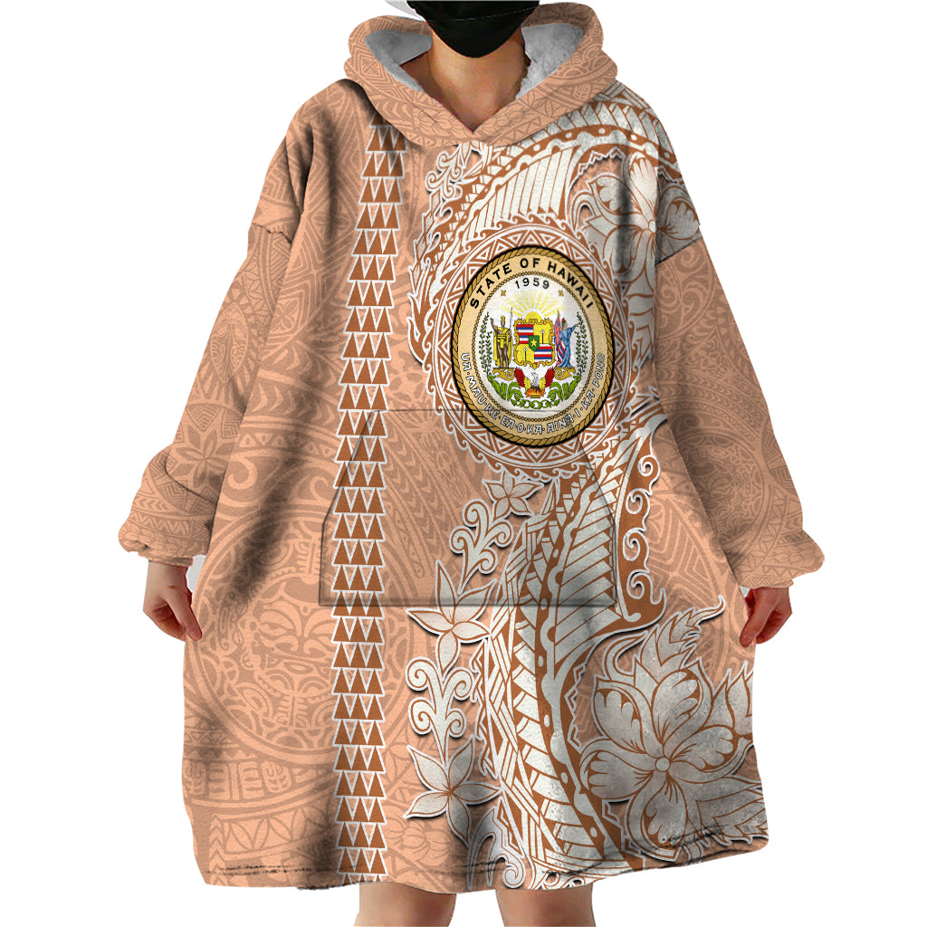 Hawaii Tropical Flowers with Kakau Tribal Wearable Blanket Hoodie Peach Fuzz Color LT03 - Polynesian Pride