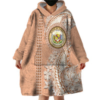 Hawaii Tropical Flowers with Kakau Tribal Wearable Blanket Hoodie Peach Fuzz Color LT03 - Polynesian Pride