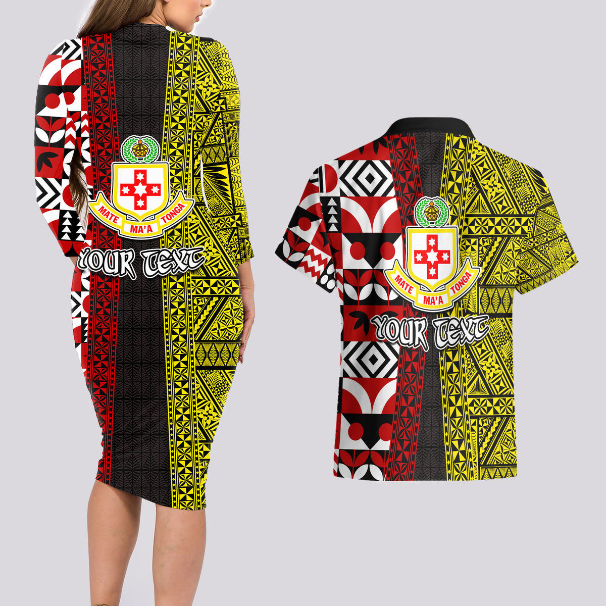 Tonga Kolisi Tonga Couples Matching Long Sleeve Bodycon Dress and Hawaiian Shirt Ngatu and Geometric Pattern LT03 - Polynesian Pride