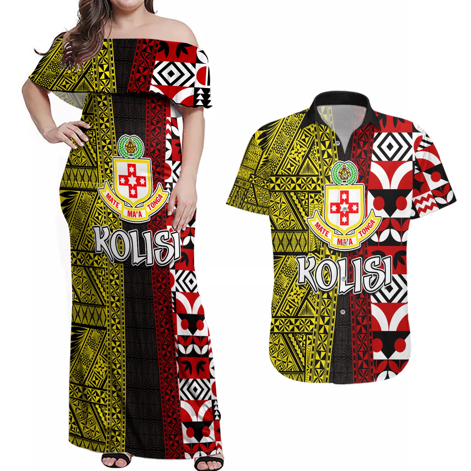 Tonga Kolisi Tonga Couples Matching Off Shoulder Maxi Dress and Hawaiian Shirt Ngatu and Geometric Pattern LT03 Red - Polynesian Pride