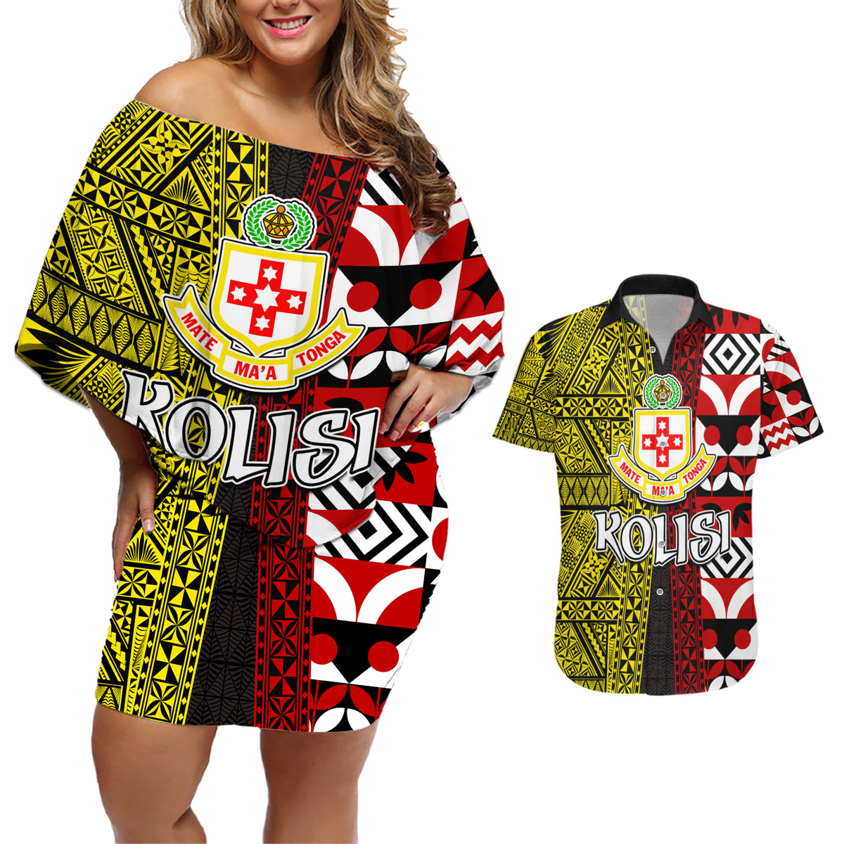 Tonga Kolisi Tonga Couples Matching Off Shoulder Short Dress and Hawaiian Shirt Ngatu and Geometric Pattern LT03 Red - Polynesian Pride