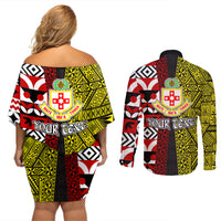 Tonga Kolisi Tonga Couples Matching Off Shoulder Short Dress and Long Sleeve Button Shirt Ngatu and Geometric Pattern LT03 - Polynesian Pride
