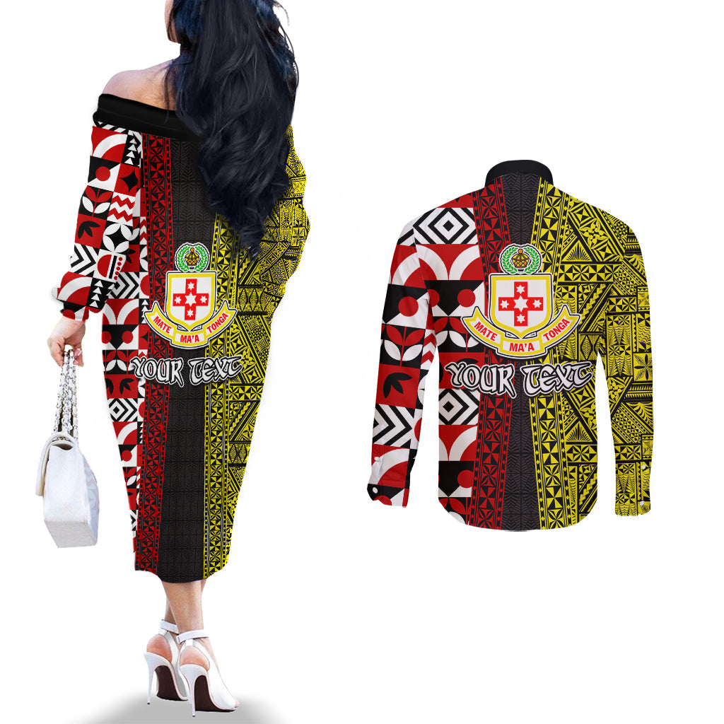 Tonga Kolisi Tonga Couples Matching Off The Shoulder Long Sleeve Dress and Long Sleeve Button Shirt Ngatu and Geometric Pattern LT03 - Polynesian Pride