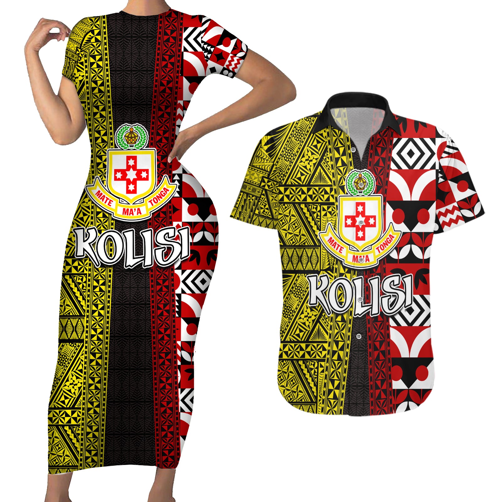 Tonga Kolisi Tonga Couples Matching Short Sleeve Bodycon Dress and Hawaiian Shirt Ngatu and Geometric Pattern LT03 Red - Polynesian Pride