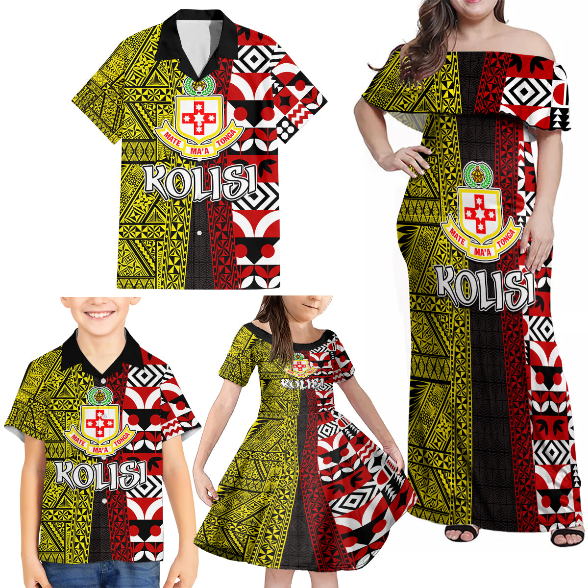 Tonga Kolisi Tonga Family Matching Off Shoulder Maxi Dress and Hawaiian Shirt Ngatu and Geometric Pattern LT03 - Polynesian Pride