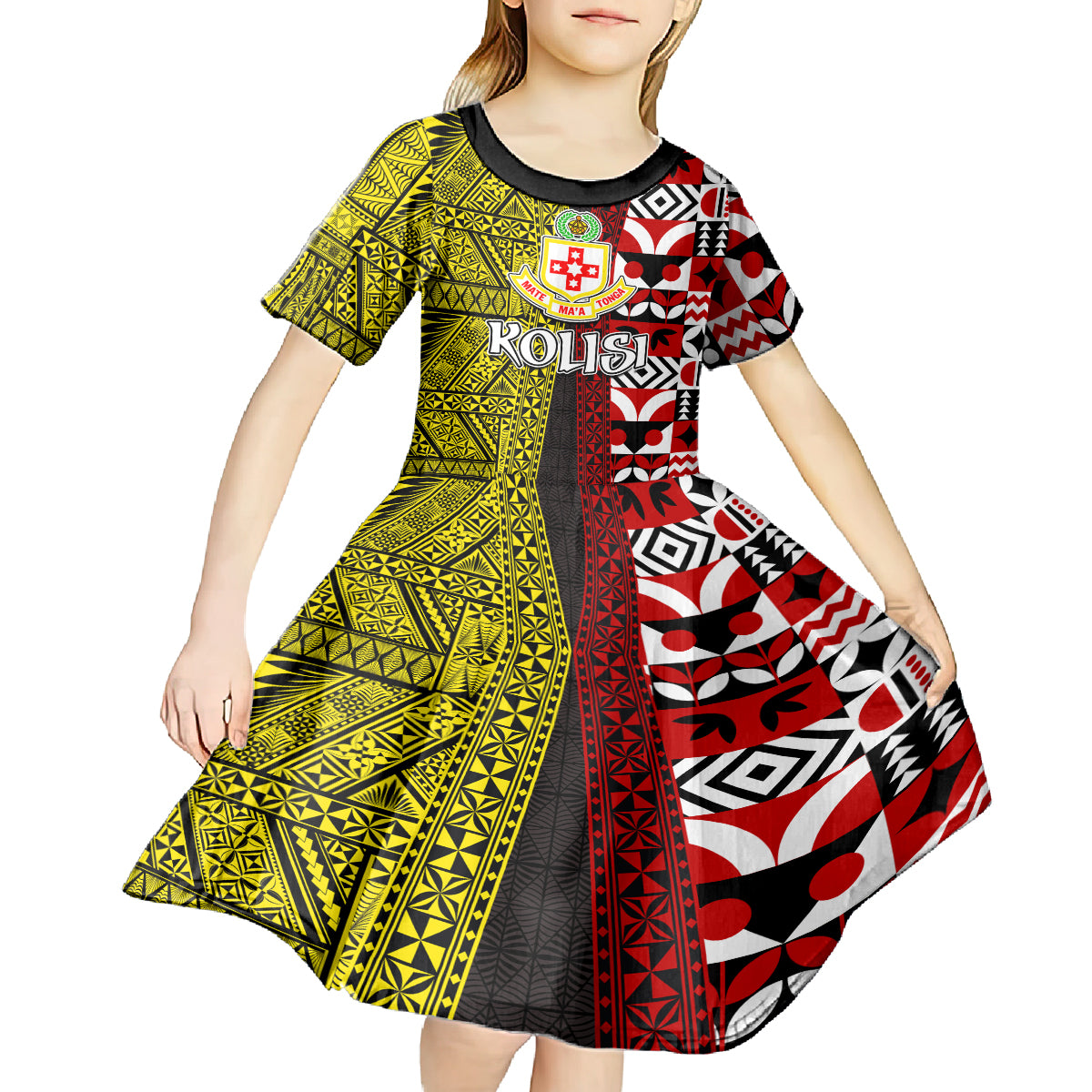 Tonga Kolisi Tonga Kid Short Sleeve Dress Ngatu and Geometric Pattern LT03 - Polynesian Pride