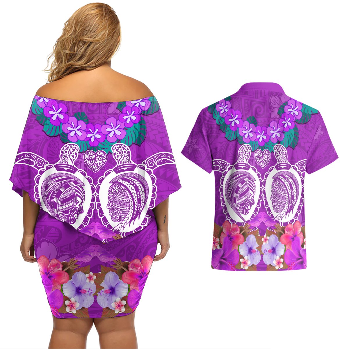 Polynesian Valentine Day Couples Matching Off Shoulder Short Dress and Hawaiian Shirt Love Couple Turtle Maori Hibiscus Purple LT03 - Polynesian Pride