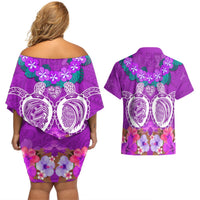 Polynesian Valentine Day Couples Matching Off Shoulder Short Dress and Hawaiian Shirt Love Couple Turtle Maori Hibiscus Purple LT03 - Polynesian Pride