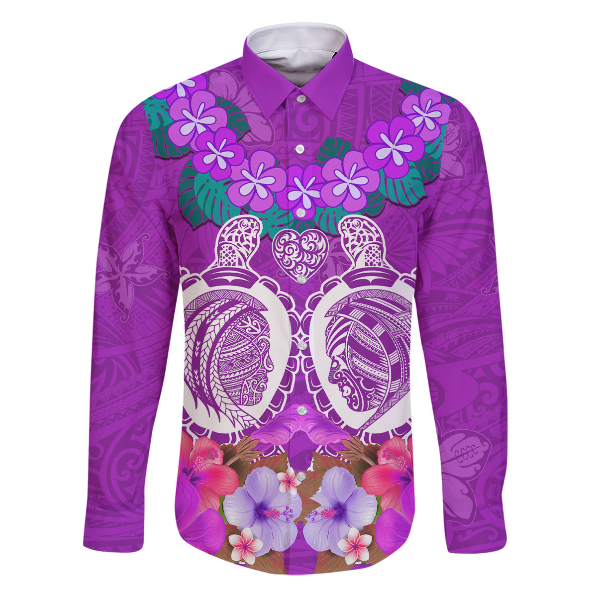 Polynesian Valentine Day Family Matching Off Shoulder Maxi Dress and Hawaiian Shirt Love Couple Turtle Maori Hibiscus Purple LT03 Dad's Shirt - Long Sleeve Purple - Polynesian Pride