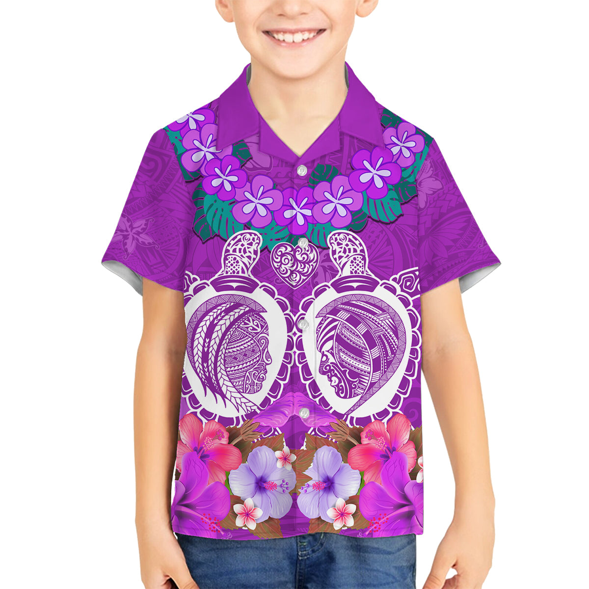 Polynesian Valentine Day Family Matching Off Shoulder Maxi Dress and Hawaiian Shirt Love Couple Turtle Maori Hibiscus Purple LT03 Son's Shirt Purple - Polynesian Pride