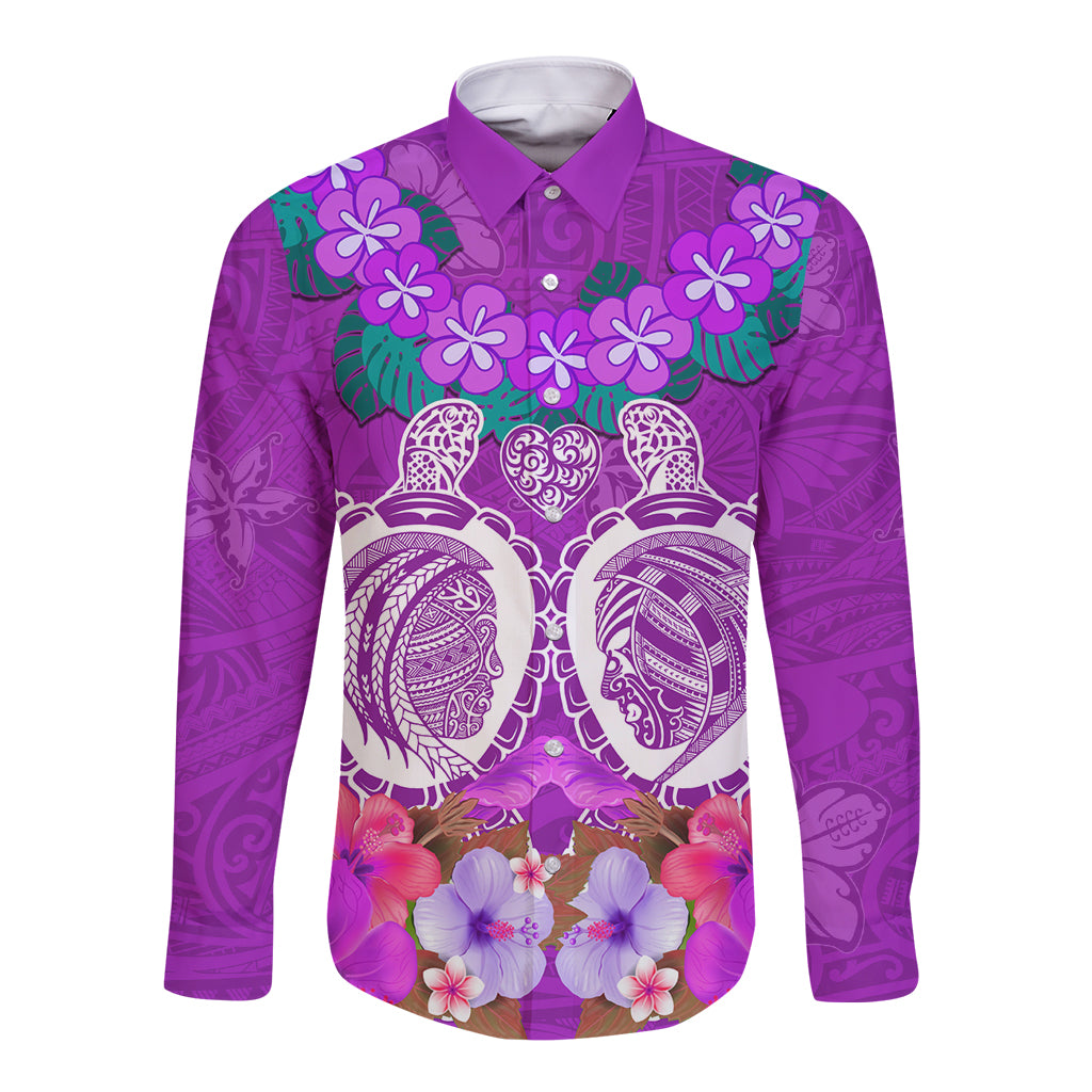 Polynesian Valentine Day Long Sleeve Button Shirt Love Couple Turtle Maori Hibiscus Purple LT03 Unisex Purple - Polynesian Pride
