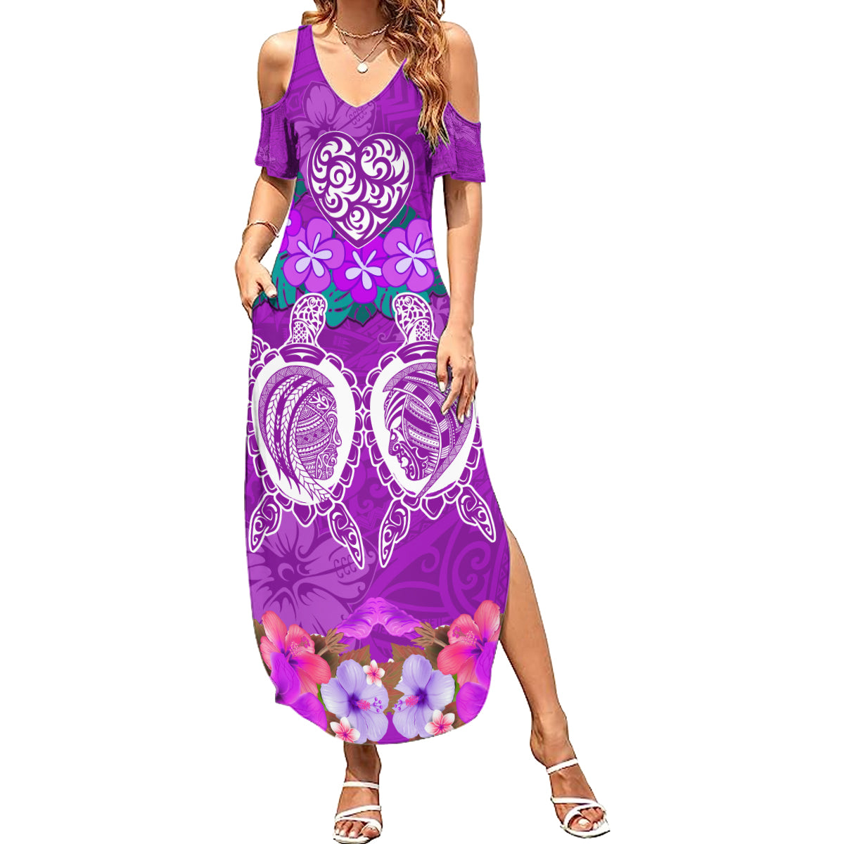 Polynesian Valentine Day Summer Maxi Dress Love Couple Turtle Maori Hibiscus Purple LT03 Women Purple - Polynesian Pride