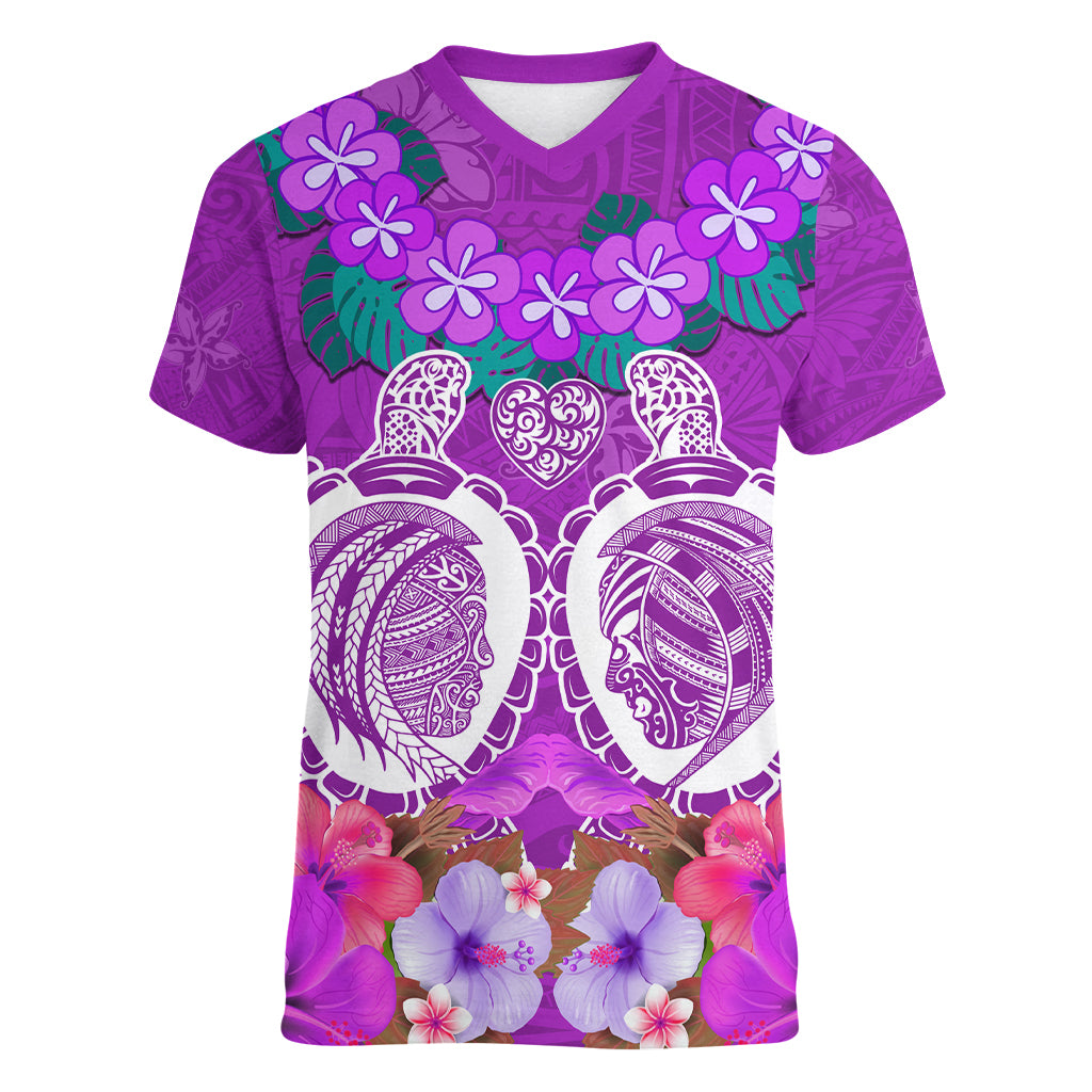 Polynesian Valentine Day Women V Neck T Shirt Love Couple Turtle Maori Hibiscus Purple LT03 Female Purple - Polynesian Pride