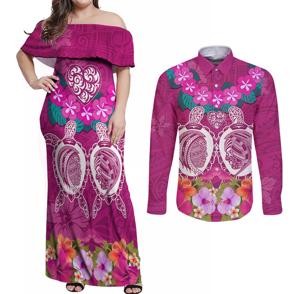 Polynesian Valentine Day Couples Matching Off Shoulder Maxi Dress and Long Sleeve Button Shirt Love Couple Turtle Maori Hibiscus Pink LT03 Pink - Polynesian Pride