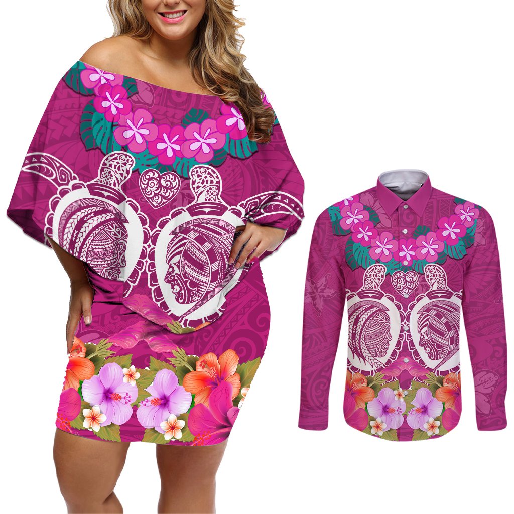 Polynesian Valentine Day Couples Matching Off Shoulder Short Dress and Long Sleeve Button Shirt Love Couple Turtle Maori Hibiscus Pink LT03 Pink - Polynesian Pride