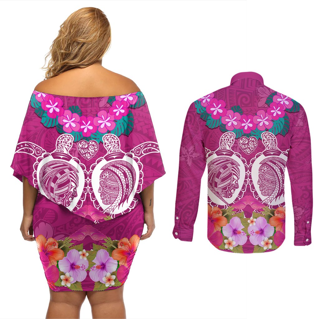 Polynesian Valentine Day Couples Matching Off Shoulder Short Dress and Long Sleeve Button Shirt Love Couple Turtle Maori Hibiscus Pink LT03 - Polynesian Pride