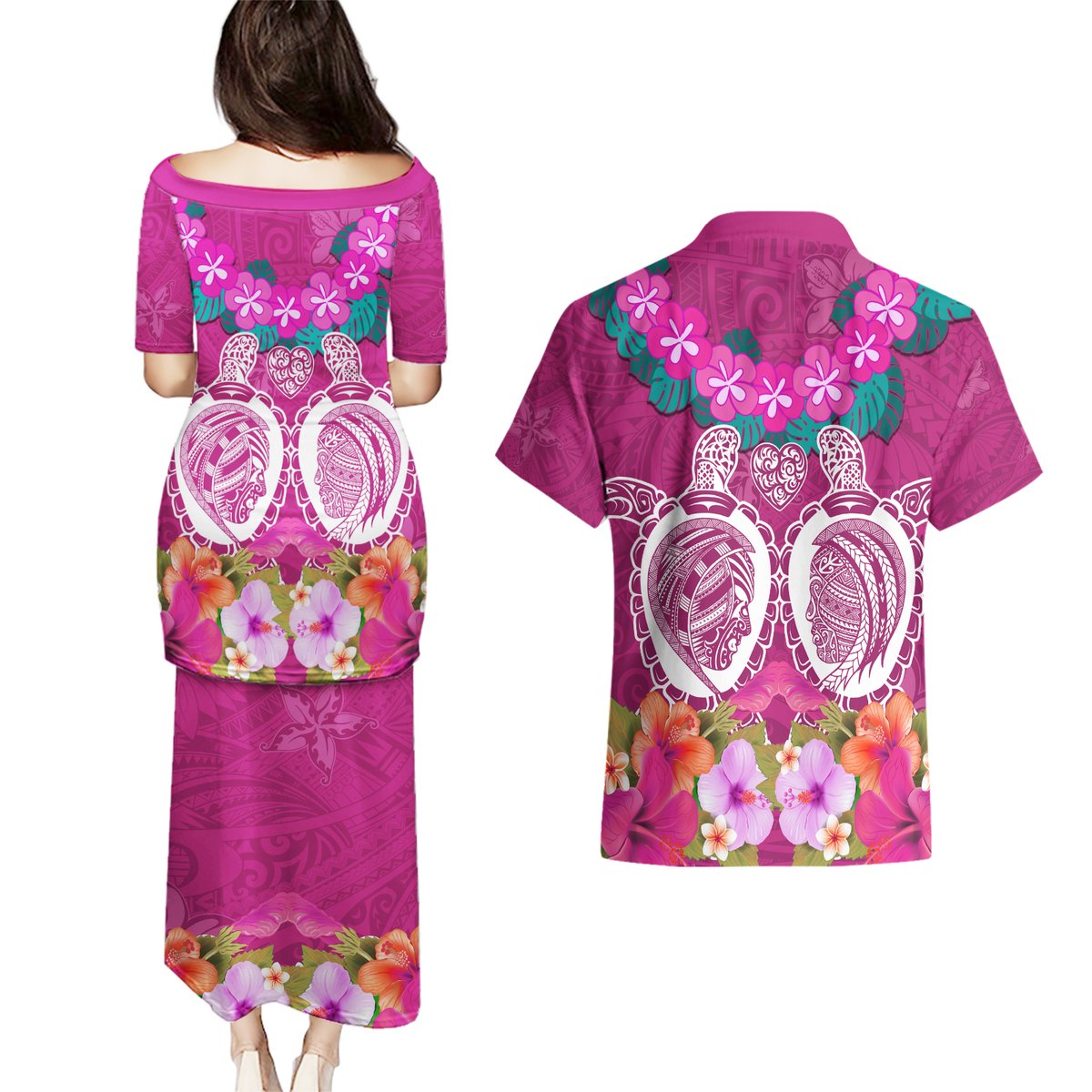 Polynesian Valentine Day Couples Matching Puletasi and Hawaiian Shirt Love Couple Turtle Maori Hibiscus Pink LT03 - Polynesian Pride