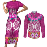 Polynesian Valentine Day Couples Matching Short Sleeve Bodycon Dress and Long Sleeve Button Shirt Love Couple Turtle Maori Hibiscus Pink LT03 Pink - Polynesian Pride