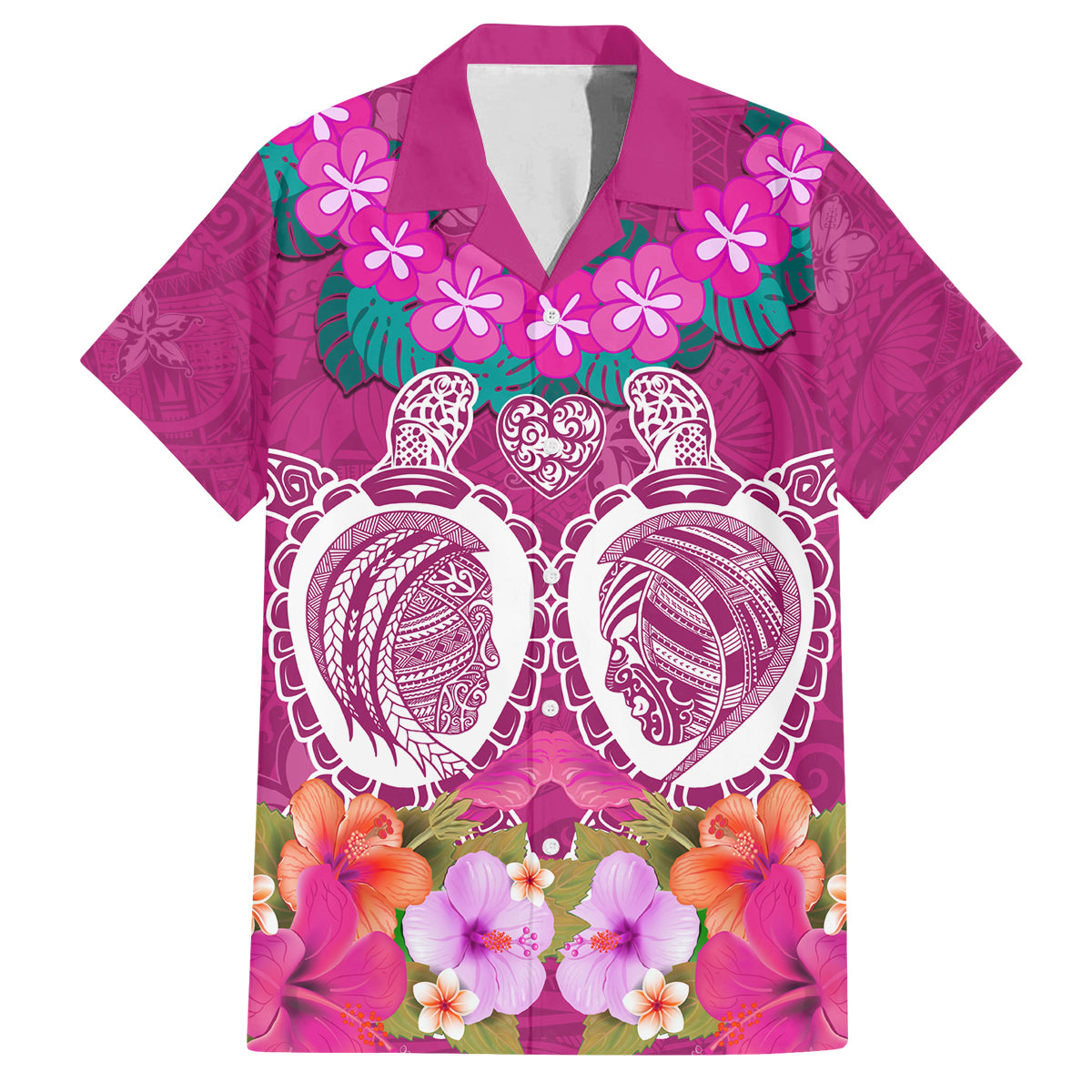 Polynesian Valentine Day Family Matching Long Sleeve Bodycon Dress and Hawaiian Shirt Love Couple Turtle Maori Hibiscus Pink LT03 Dad's Shirt - Short Sleeve Pink - Polynesian Pride