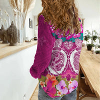 Polynesian Valentine Day Women Casual Shirt Love Couple Turtle Maori Hibiscus Pink LT03 - Polynesian Pride