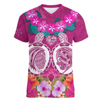 Polynesian Valentine Day Women V Neck T Shirt Love Couple Turtle Maori Hibiscus Pink LT03 Female Pink - Polynesian Pride