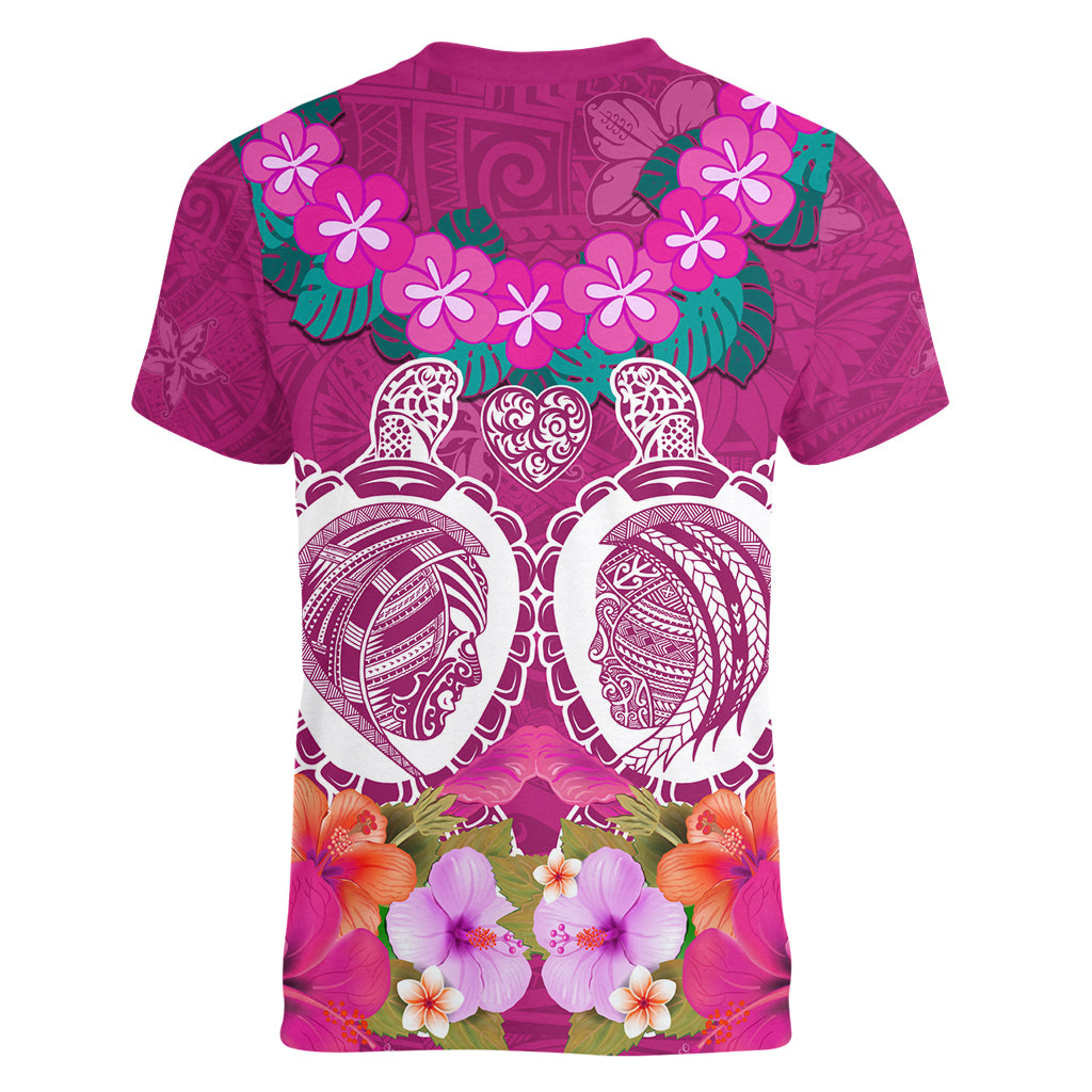 Polynesian Valentine Day Women V Neck T Shirt Love Couple Turtle Maori Hibiscus Pink LT03 - Polynesian Pride