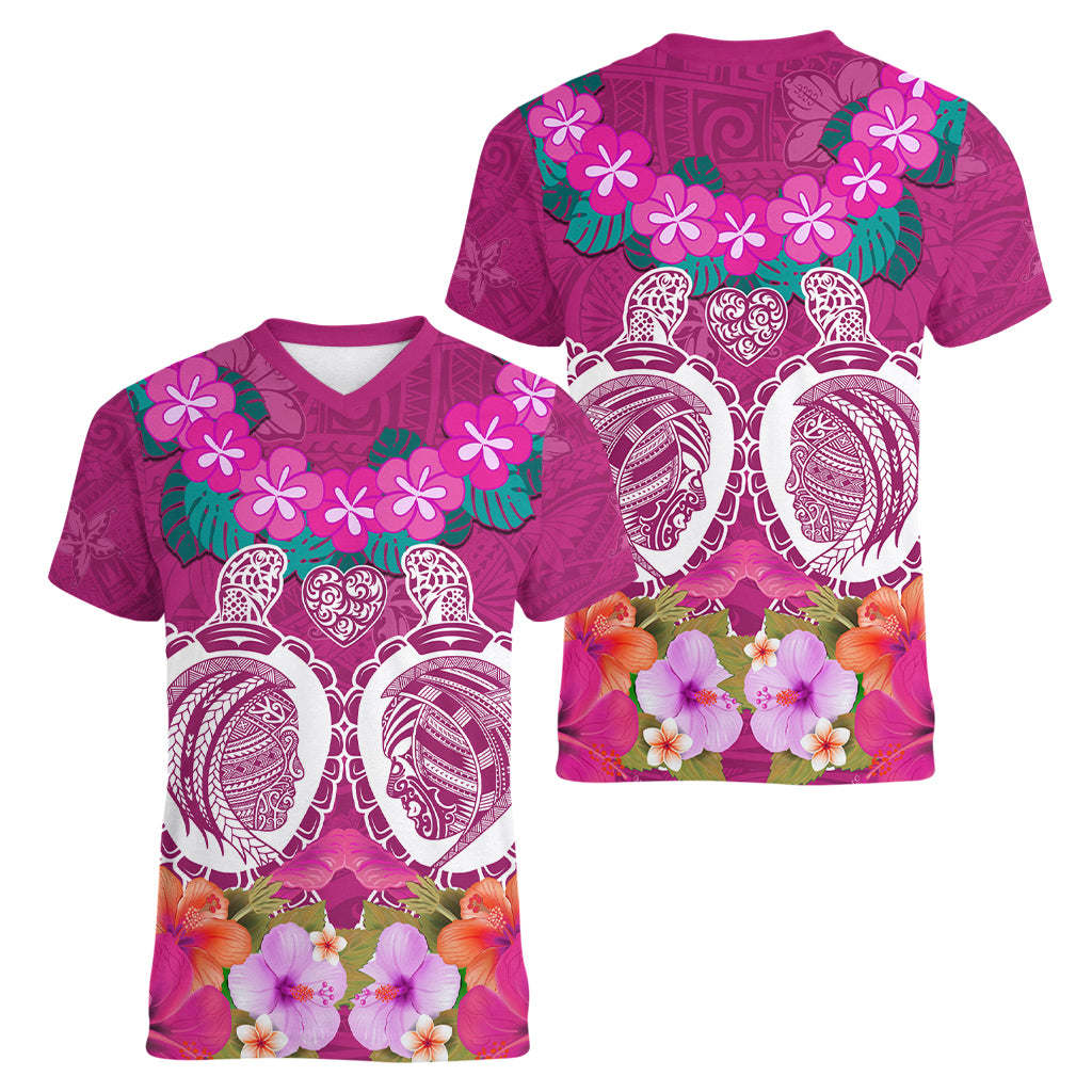 Polynesian Valentine Day Women V Neck T Shirt Love Couple Turtle Maori Hibiscus Pink LT03 - Polynesian Pride