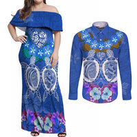 Polynesian Valentine Day Couples Matching Off Shoulder Maxi Dress and Long Sleeve Button Shirt Love Couple Turtle Maori Hibiscus Blue LT03 Blue - Polynesian Pride