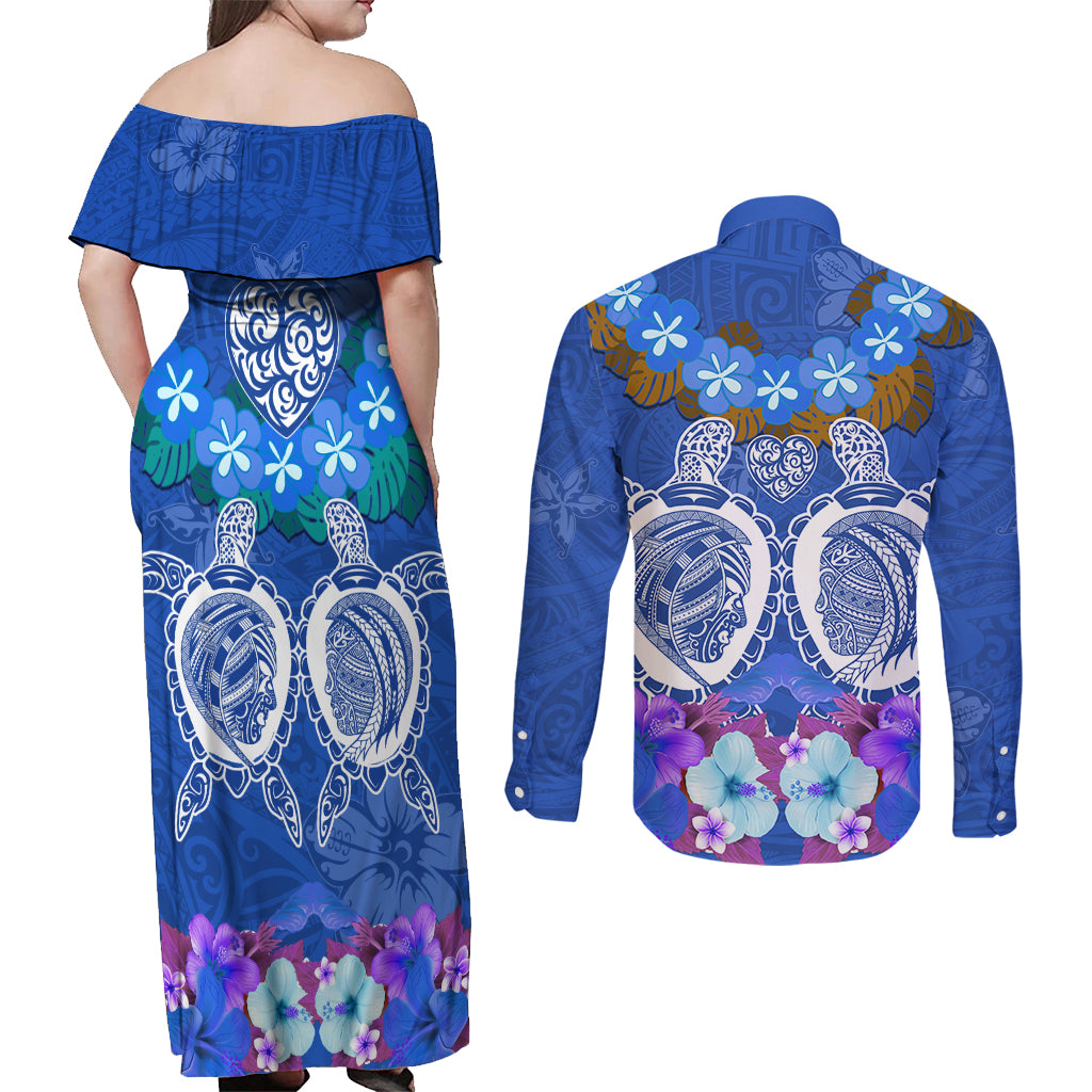 Polynesian Valentine Day Couples Matching Off Shoulder Maxi Dress and Long Sleeve Button Shirt Love Couple Turtle Maori Hibiscus Blue LT03 - Polynesian Pride